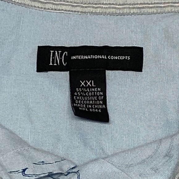 INC Chambray Linen Blend XXL Embroidered Button Up Print Shirt Blue Long Sleeve - Picture 11 of 12